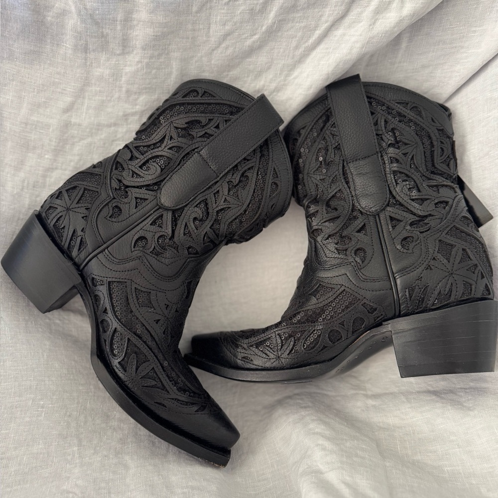 NWT JB DILLION Black Cutout Leather Western Boots - Picture 4 of 12
